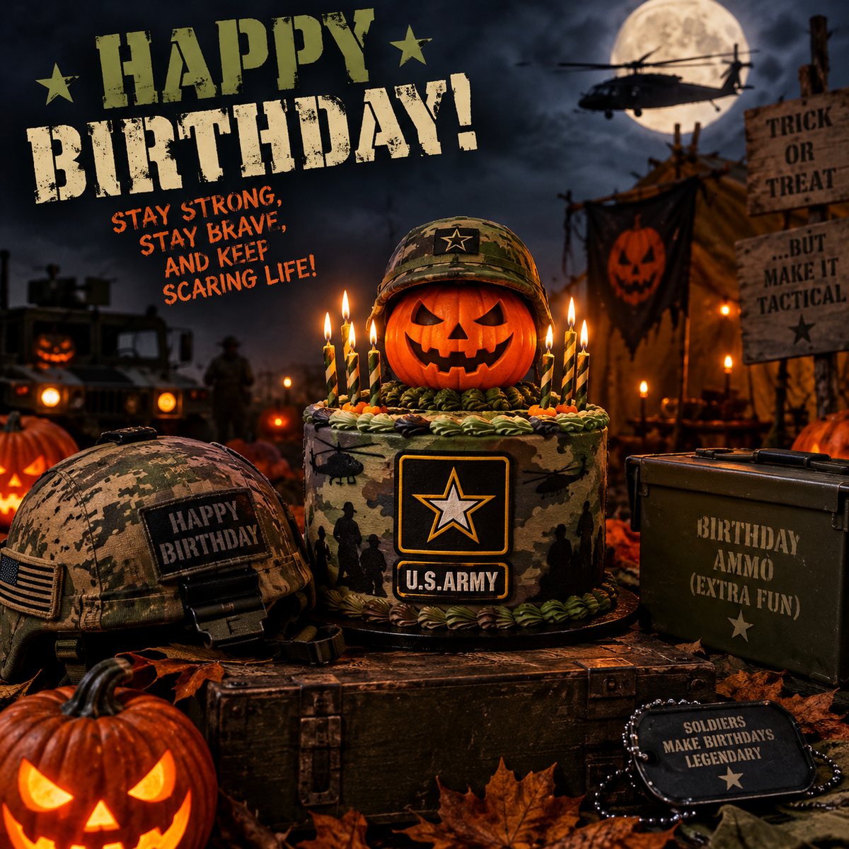 Birthday card: Happy Birthday! Stay strong, stay brave, and keep scaring life. A camo cake with a pumpkin in an army helmet.